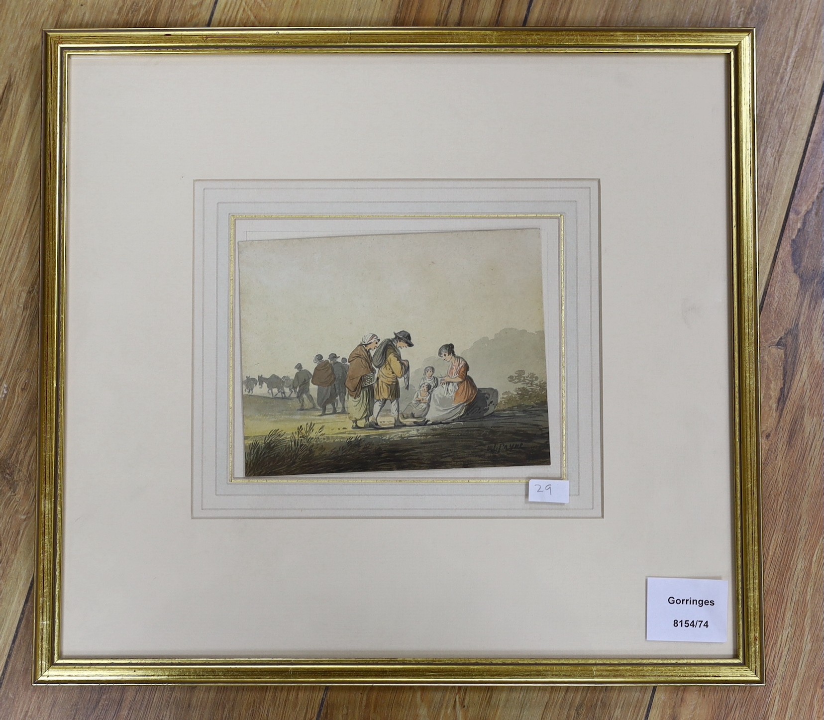 William Payne (1760–1830), watercolour, Figures crossing a plain, signed, 12 x 15cm